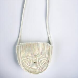 Vintage 1970s Rainbow Woven Straw Crossbody Bag - Half Moon Boho Purse Handmade